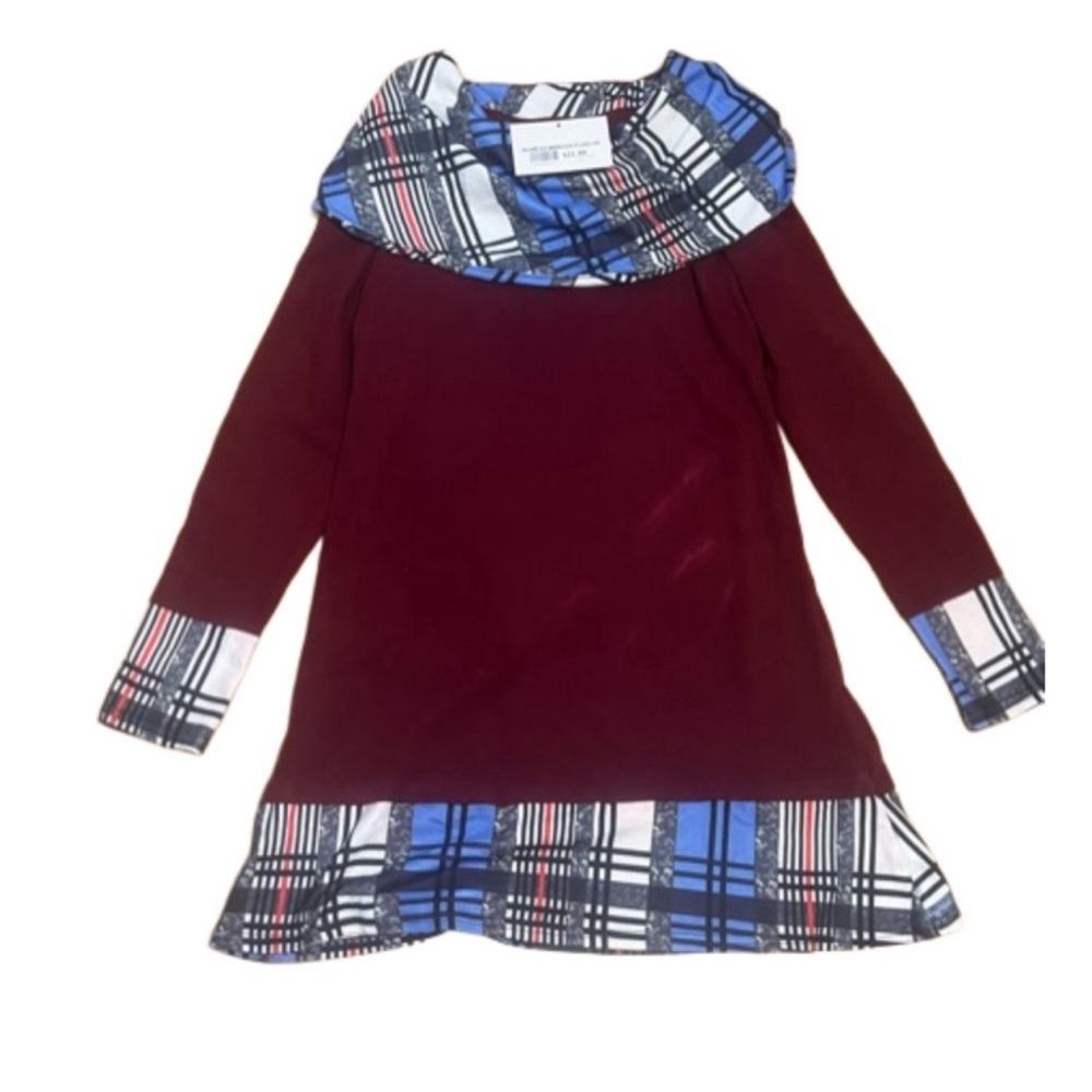 Plaid Trim Burgundy Tunic